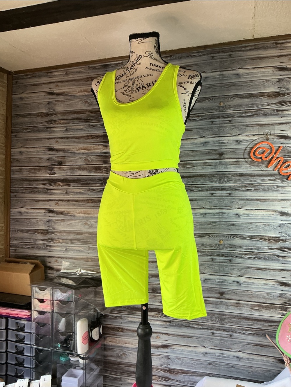 ⭐ Neon Yellow Racerback Biker Short Set Two Piece Lounge Outfit